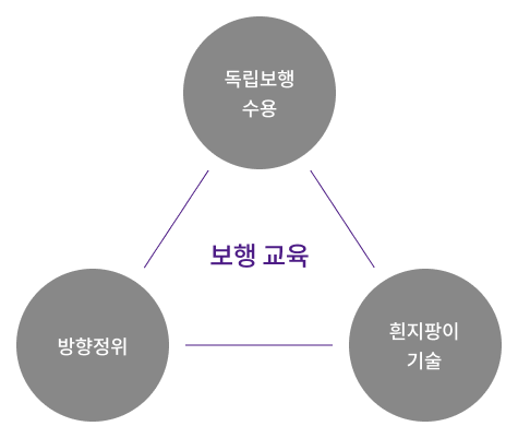 독립보행 수용 + 방향정위 + 흰지팡이 기술 = 보행교육